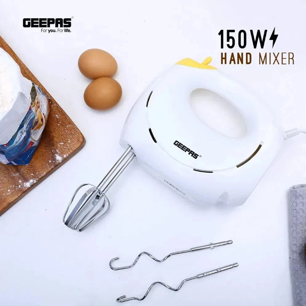 Geepas Electric Hand Food Mixer 7 Speeds & Turbo With Egg Beaters & Dough Hooks