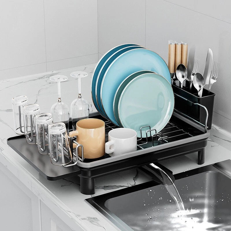 2 TIER KITCHEN SINK DISH DRAINER RACK WITH DRIP TRAY CUTLERY HOLDER PLATE RACK