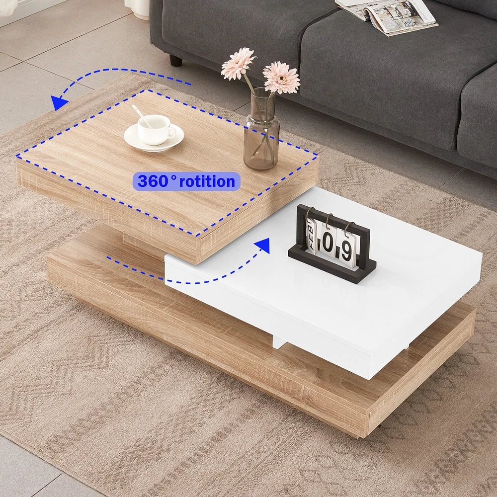 360° Rotating Coffee Table Rectangle w/LED Lights for Living Room