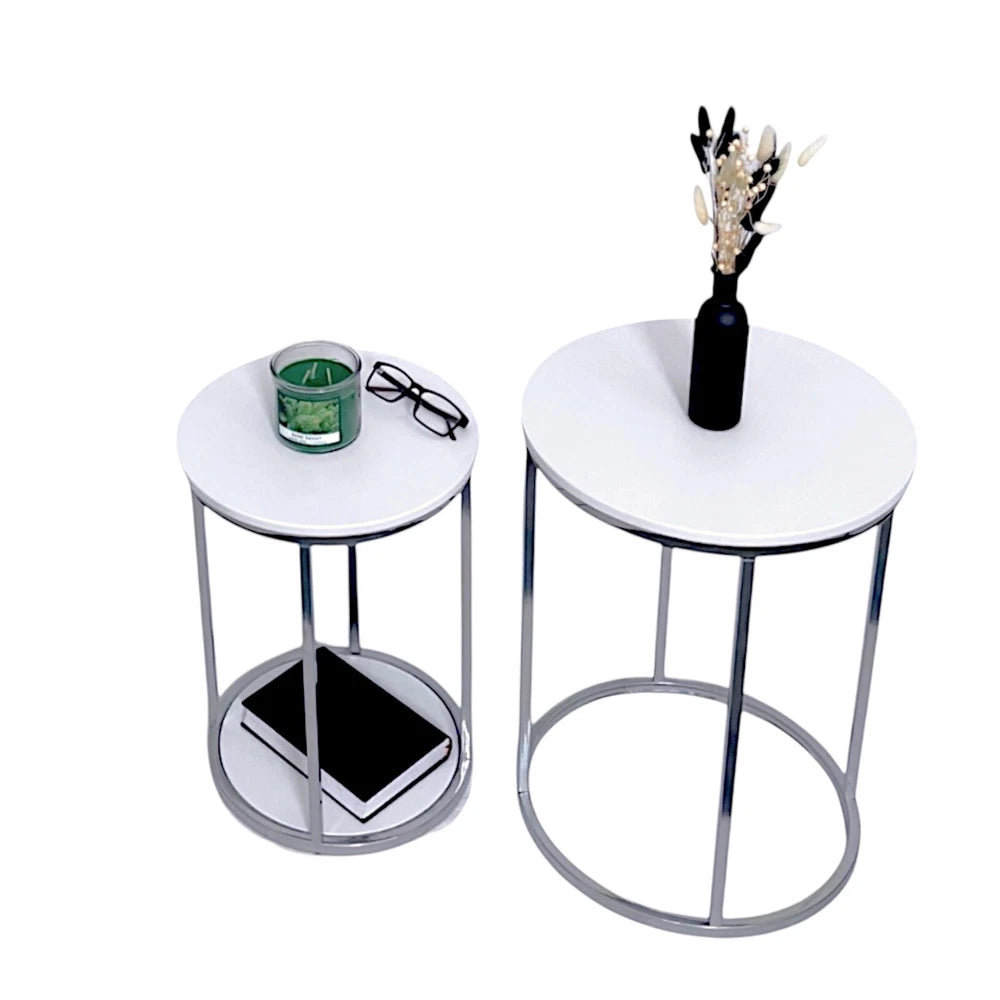 NEW Nest of Tables Set of 2 Coffee Side End Table White With Chrome Legs