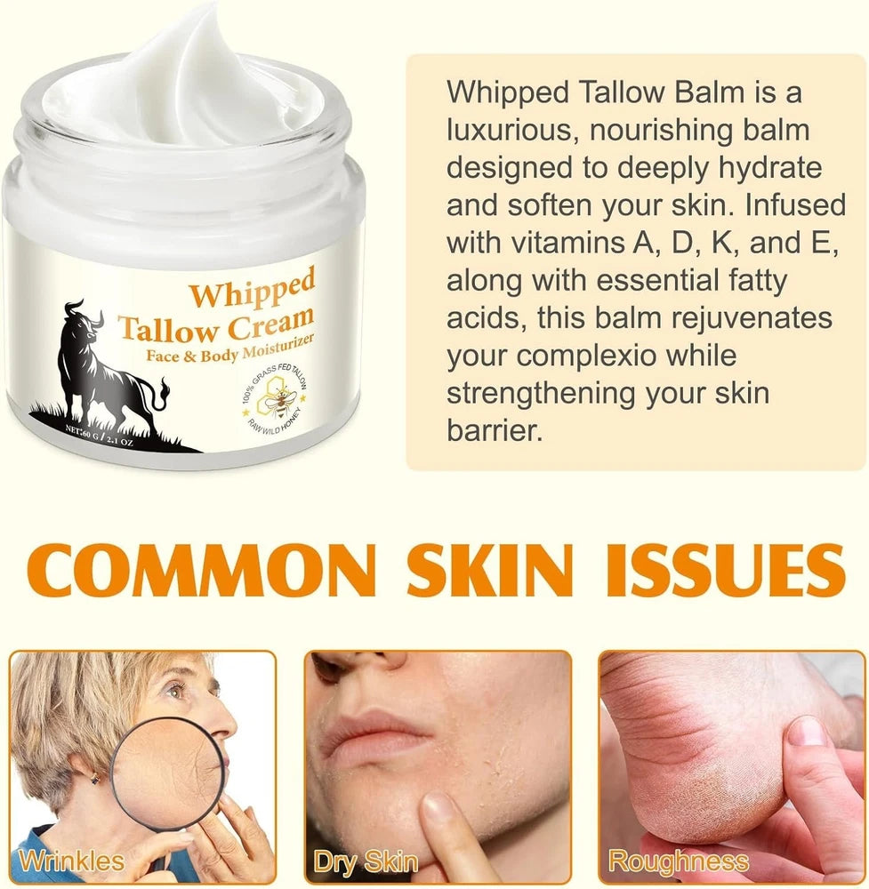 Beef Tallow for Skin, Tallow and Honey Balm, Natural Whipped Tallow Cream