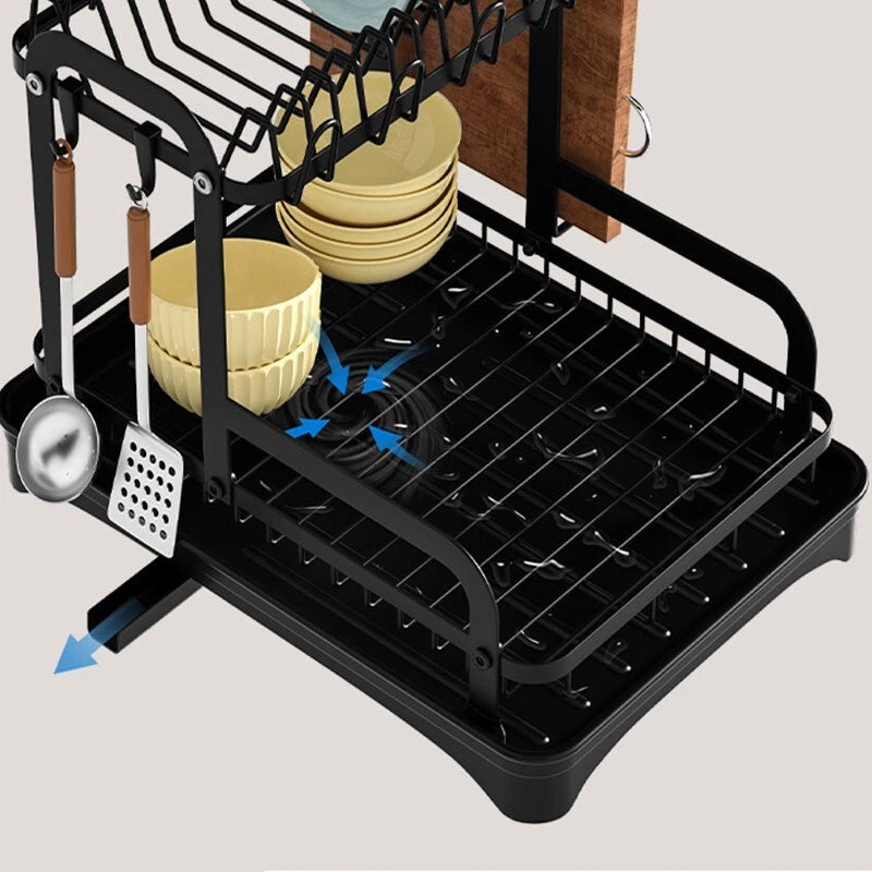 2 TIER KITCHEN SINK DISH DRAINER RACK WITH DRIP TRAY CUTLERY HOLDER PLATE RACK