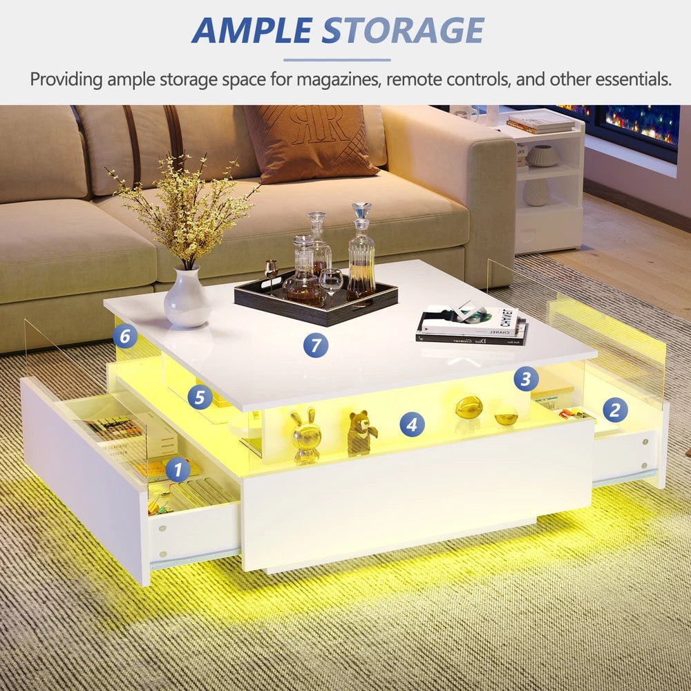 Coffee Table with LED Square High Gloss White Storage Tea Table for Living Room
