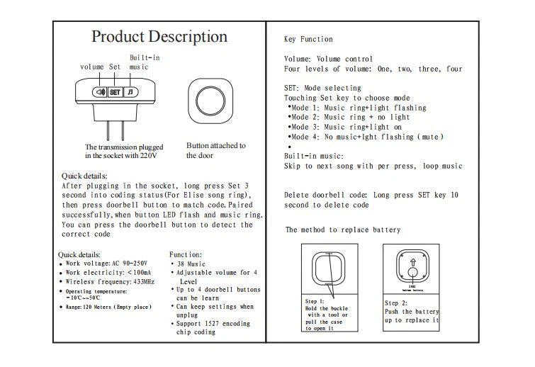 Wireless Door Bells 1000ft Long Range Waterproof Home Cordless Doorbell  Battery