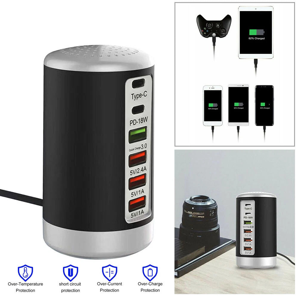 Multi 6 Port USB Charging Station Hub Tower Desktop Cell Phone Charger New Black