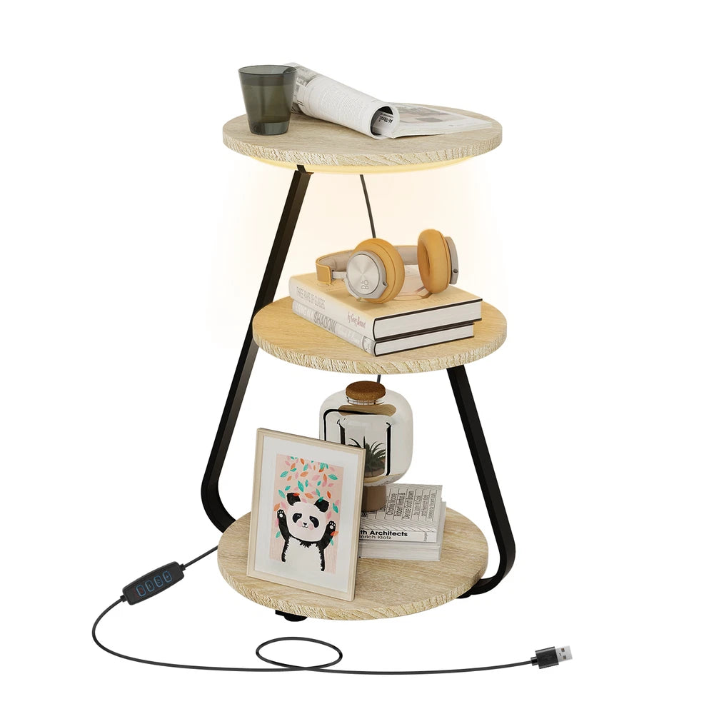 3-Tier Sofa Side Table LED Lighted Bedside Living Room End Table with Storage