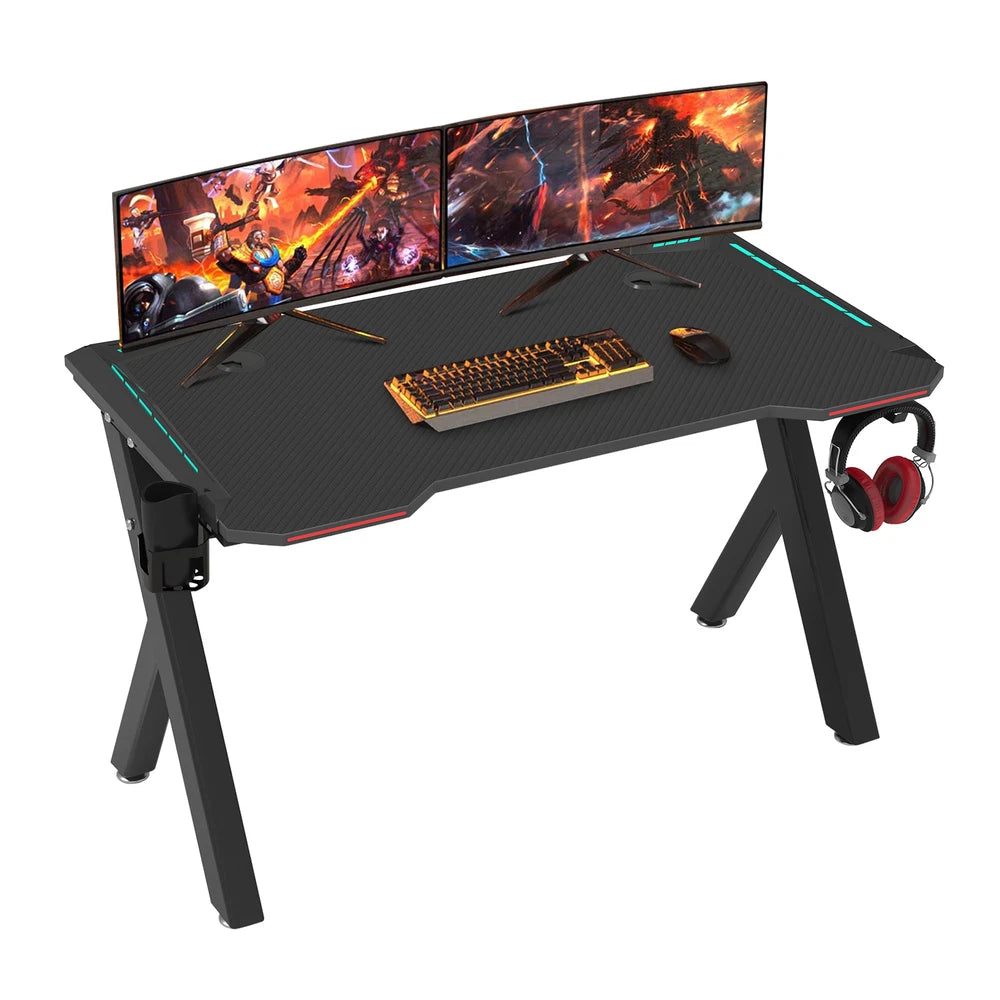 XXL Gaming Desk RGB LED Computer Racing Table Carbon Fiber PC Gamer Workstation