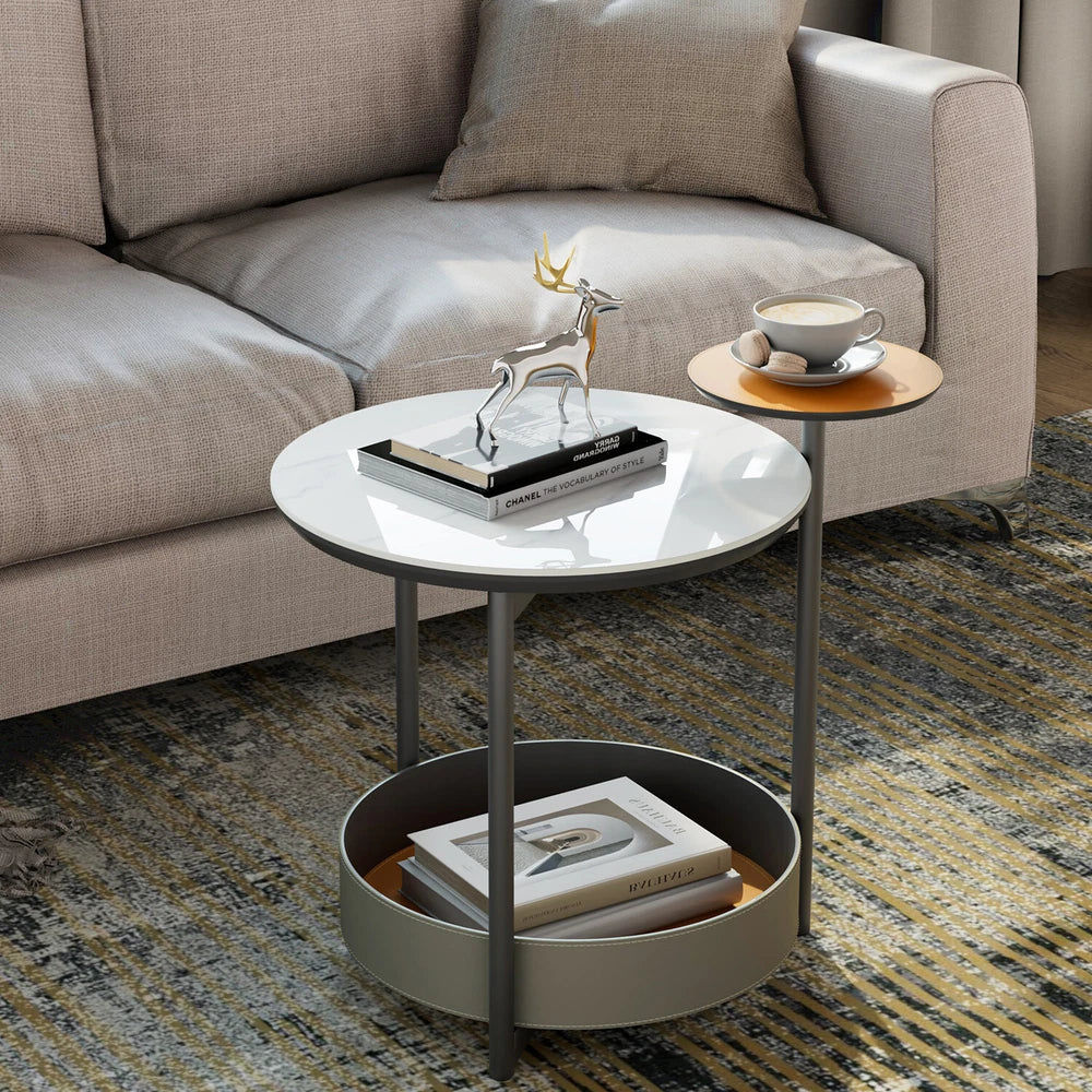 3Tier Side End Table Accent Couch Beside Table with Leather Tray Top Metal Frame
