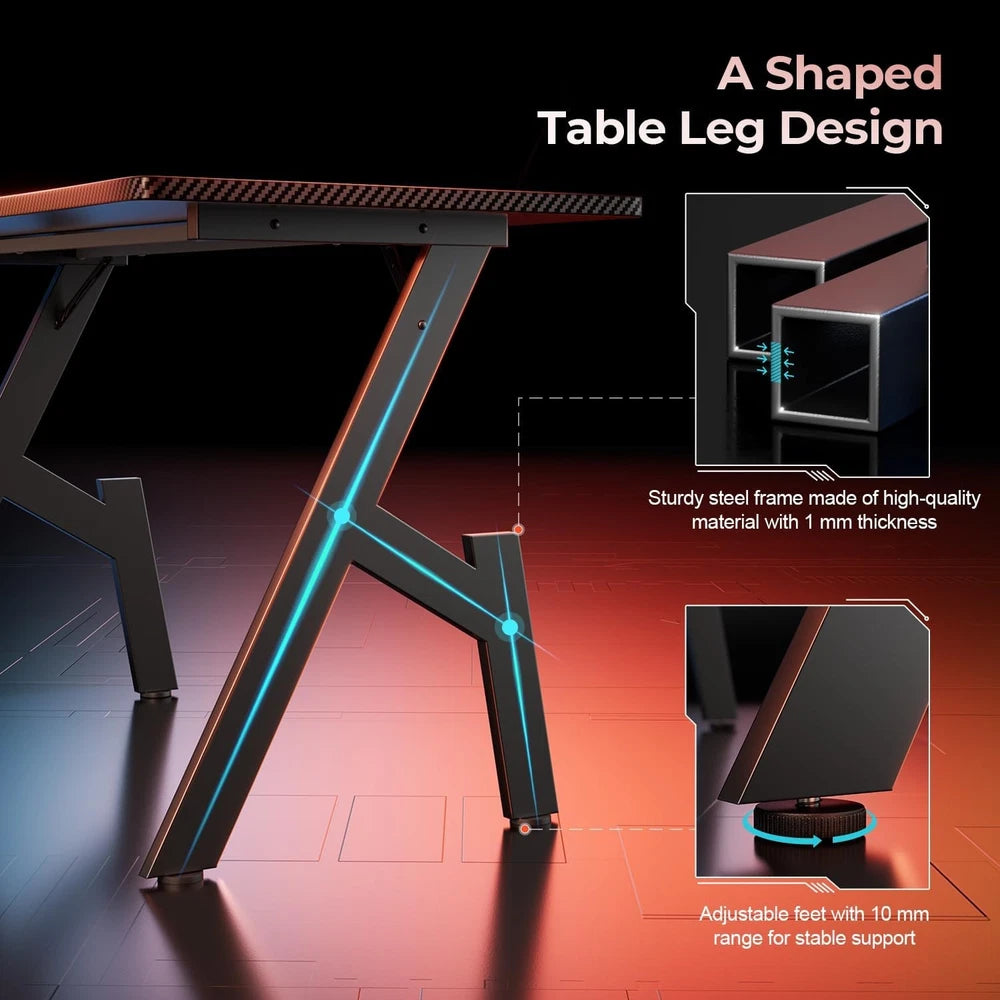 Gaming Desk Computer Gaming Table w/ Mouse Pad Cup Holder & Headphone Hook Black