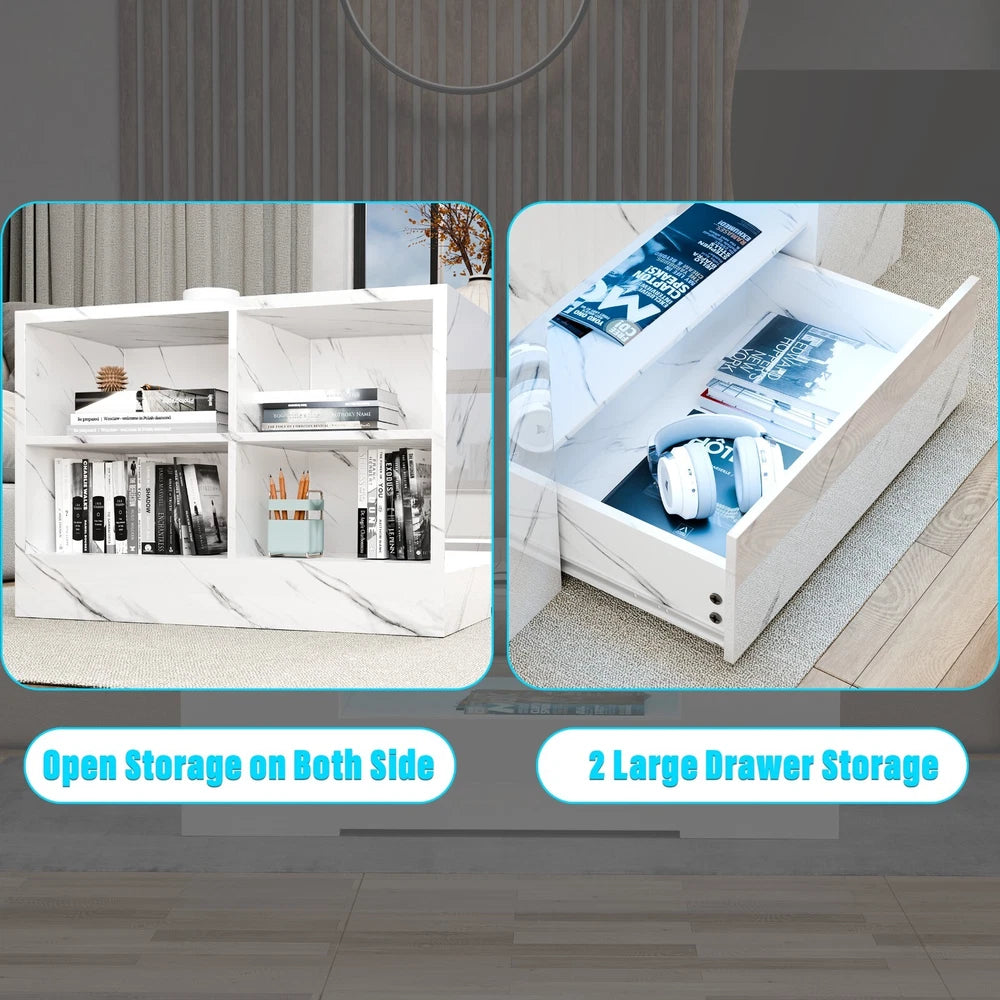 LED Coffee Table Wooden 2 Drawer Storage High Gloss Modern Living Room Furniture