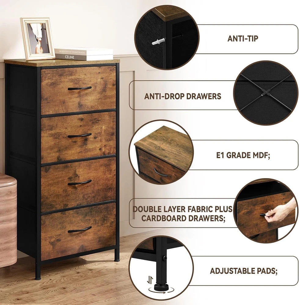 WOLTU Vintage Chest Of Drawers 4 Storage Drawers Steel Frame Bedroom Furniture