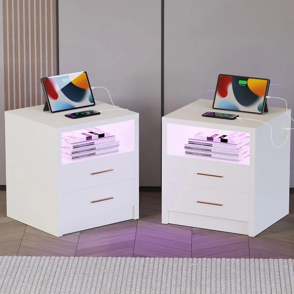 2/3 Drawers High Gloss Front Bedside Table Cabinet LED Nightstand With Charging