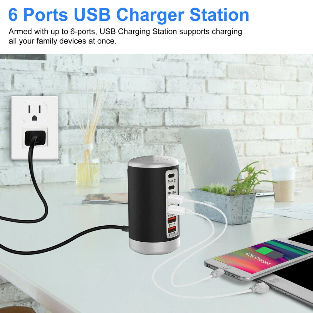 Multi 6 Port USB Charging Station Hub Tower Desktop Cell Phone Charger New Black
