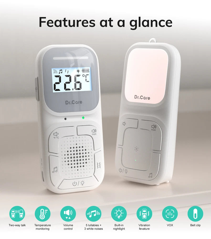 Dr.Care Portable Audio Baby Monitor w 2-way Talk,Lullaby,Temperature Monitoring
