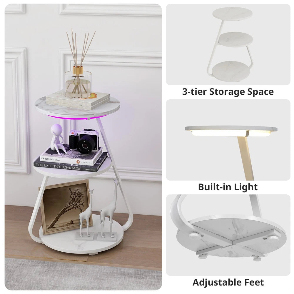 3-Tier Sofa Side Table LED Lighted Bedside Living Room End Table with Storage