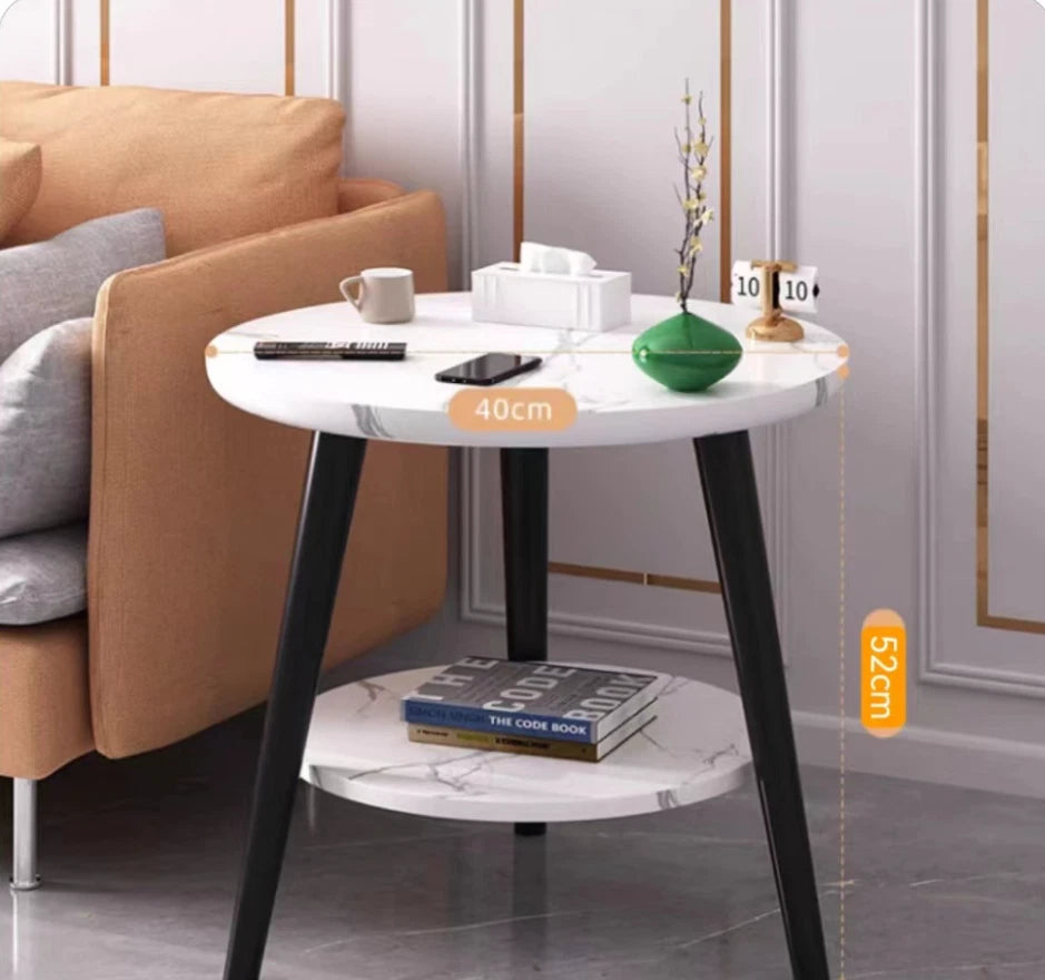 1/2 Tier Coffee Table Round Side Table White Marble Effect End Table Living Room