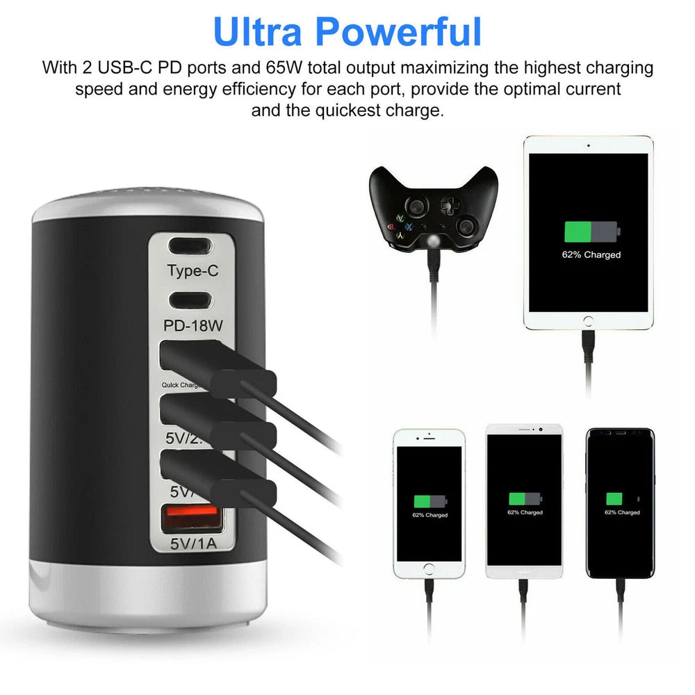 Multi 6 Port USB Charging Station Hub Tower Desktop Cell Phone Charger New Black
