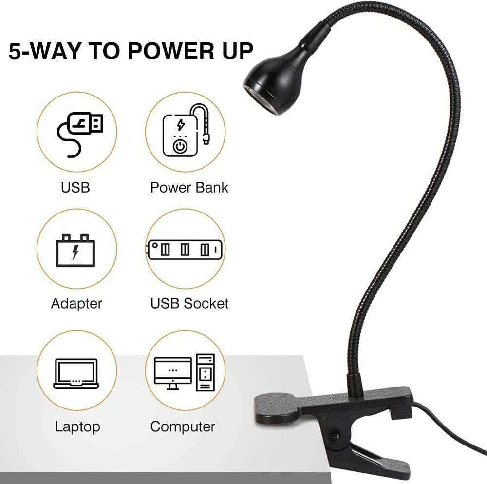 USB Clip On Desk Lamp Flexible Clamp Reading Light LED Bed Table Bedside Night