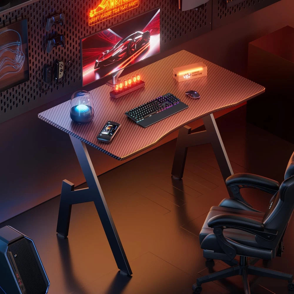 Gaming Desk Computer Gaming Table w/ Mouse Pad Cup Holder & Headphone Hook Black