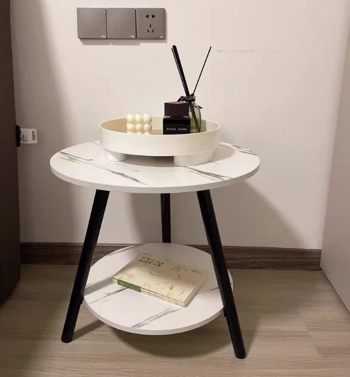 1/2 Tier Coffee Table Round Side Table White Marble Effect End Table Living Room