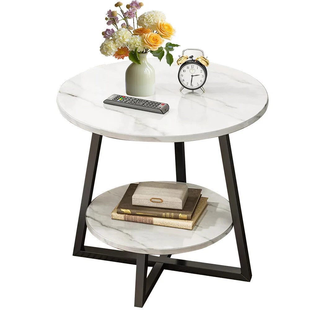 2-Tier Coffee Table Side Table White Marble Effect End Table LivingRoom Round