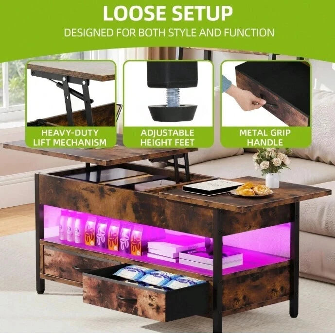 Coffee Table With Storage Lift Top Up Drawer Shelf Wooden Living Room Furniture