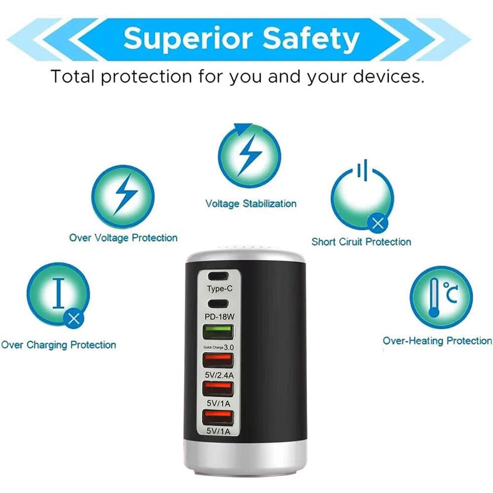 Multi 6 Port USB Charging Station Hub Tower Desktop Cell Phone Charger New Black