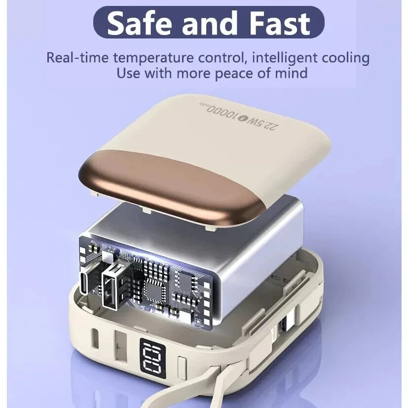 Mini portable Power Bank 10000mAh Charger Built-In USB-C Cable Fast Charge UK