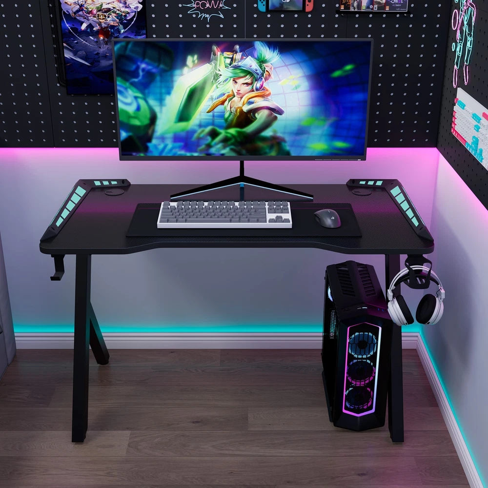 Gaming Desk LED RGB Computer Table Workstation with Cup Holder & Headphone Hook