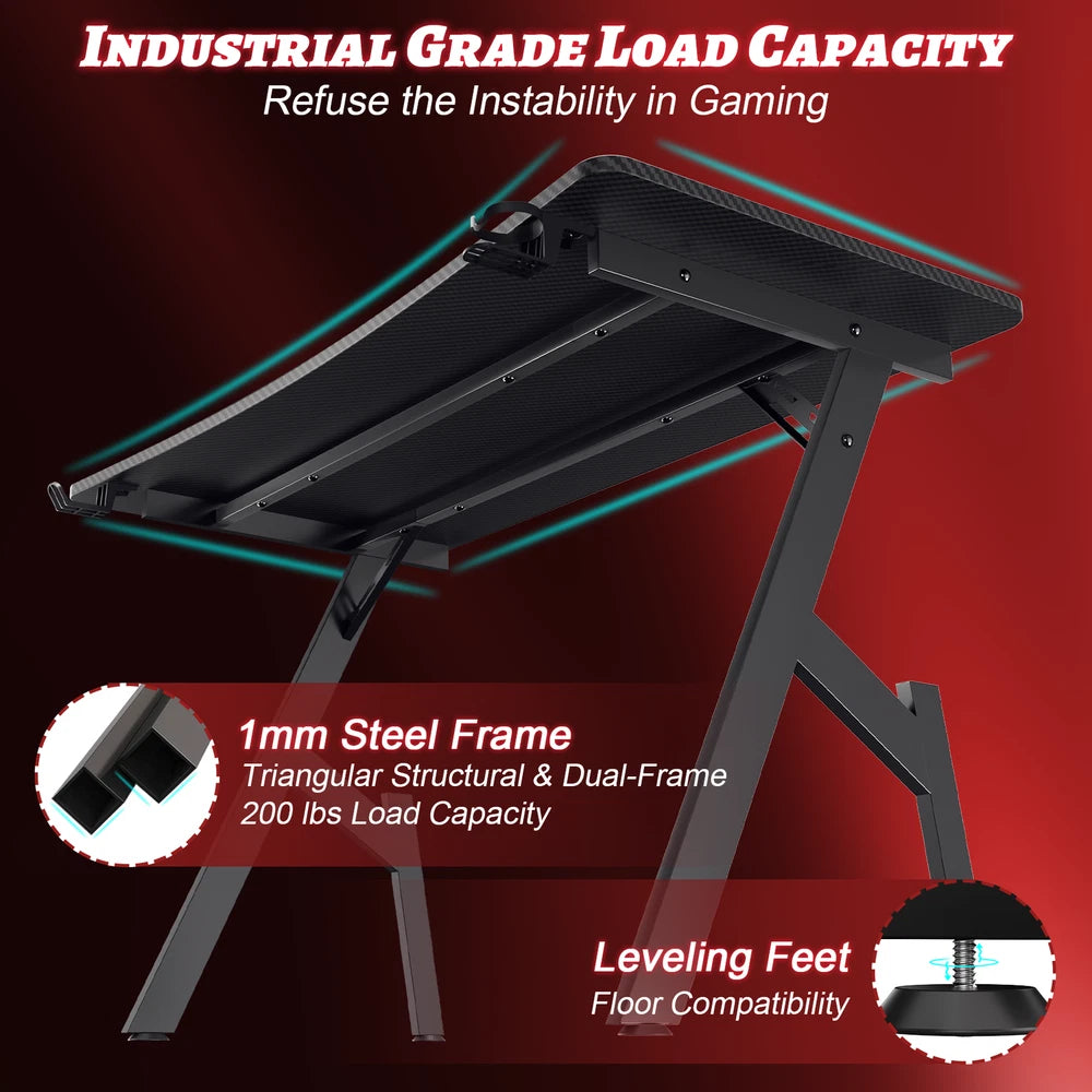 Gaming Desk Computer Gaming Table w/ Mouse Pad Cup Holder & Headphone Hook Black