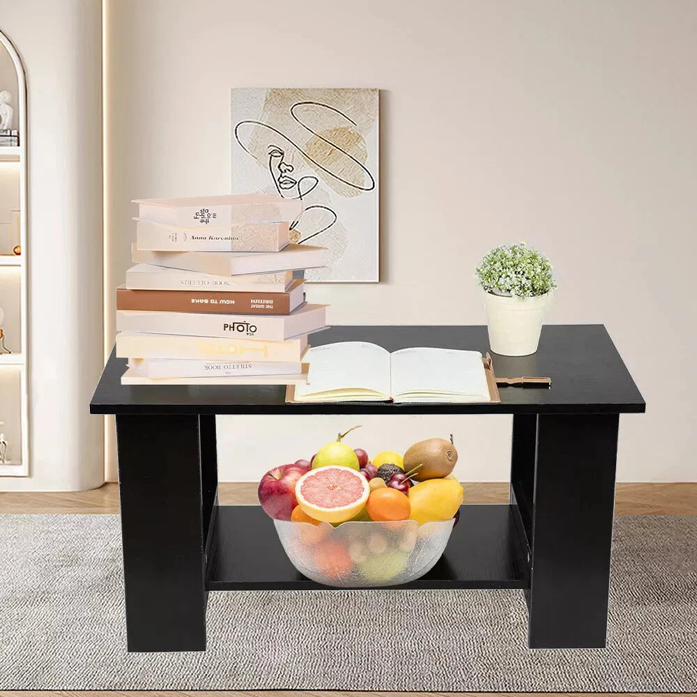 Modern Coffee Table Living Room Tea Side End Desk With Lower Storage Shelf Black