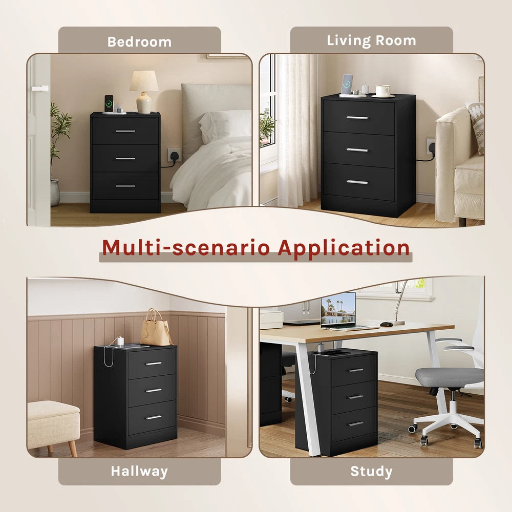 1/2x Bedside Table Cabinets w/ Charging Station Nightstand Storage Unit 3 Drawer