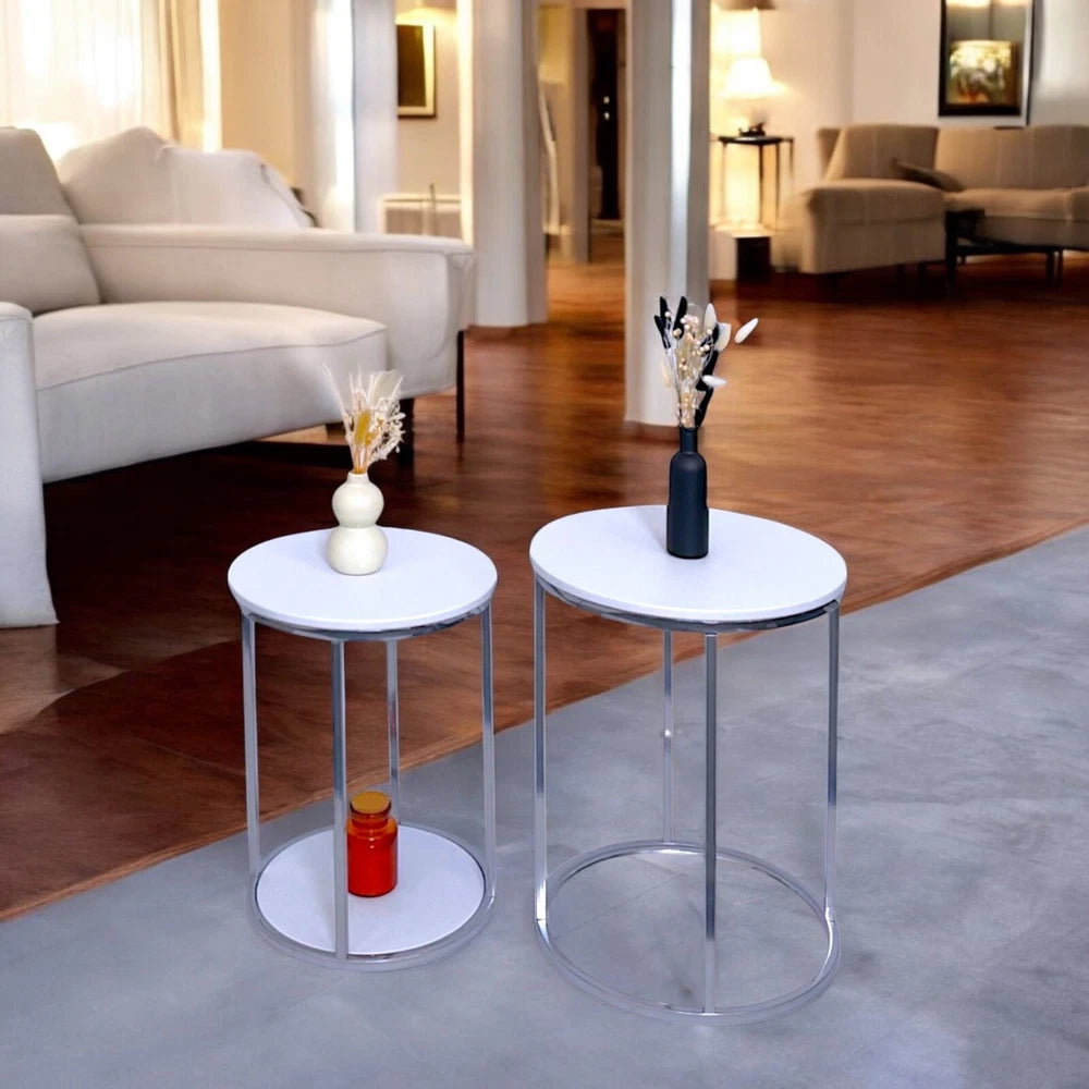 NEW Nest of Tables Set of 2 Coffee Side End Table White With Chrome Legs