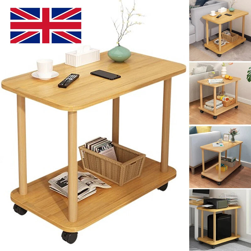2 Layers Sofa Side Table with Wheels Coffee Snack Laptop End Tables Living Room