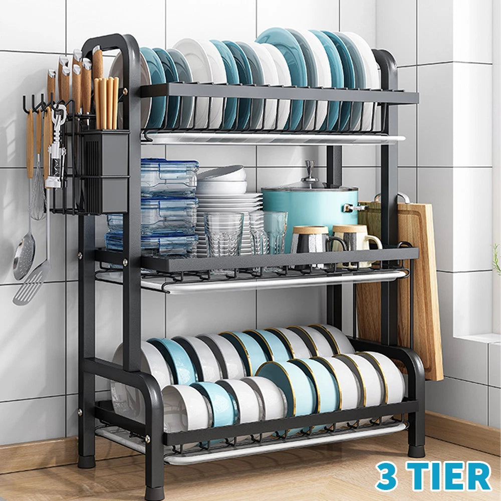 2/3 Tier Kitchen Sink Dish Drainer Rack With Drip Tray Cutlery Holder Plate Rack