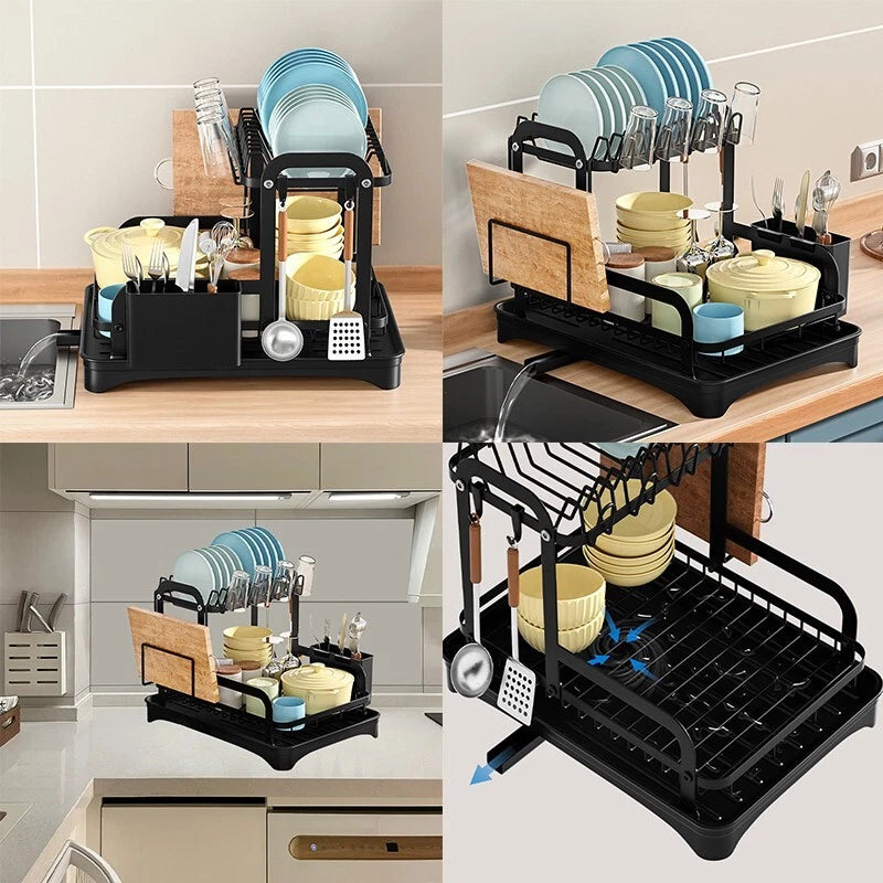 2 TIER KITCHEN SINK DISH DRAINER RACK WITH DRIP TRAY CUTLERY HOLDER PLATE RACK