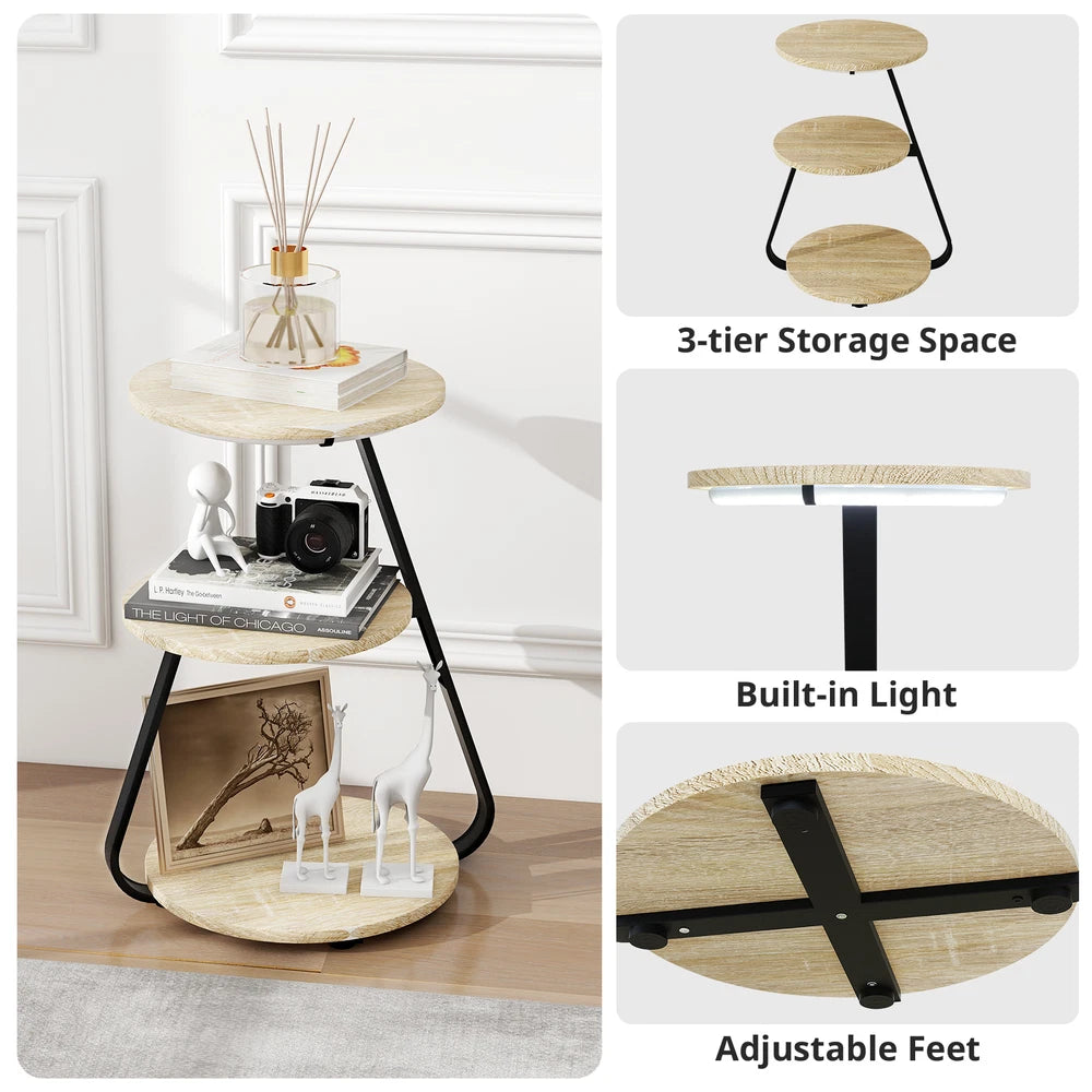 3-Tier Sofa Side Table LED Lighted Bedside Living Room End Table with Storage