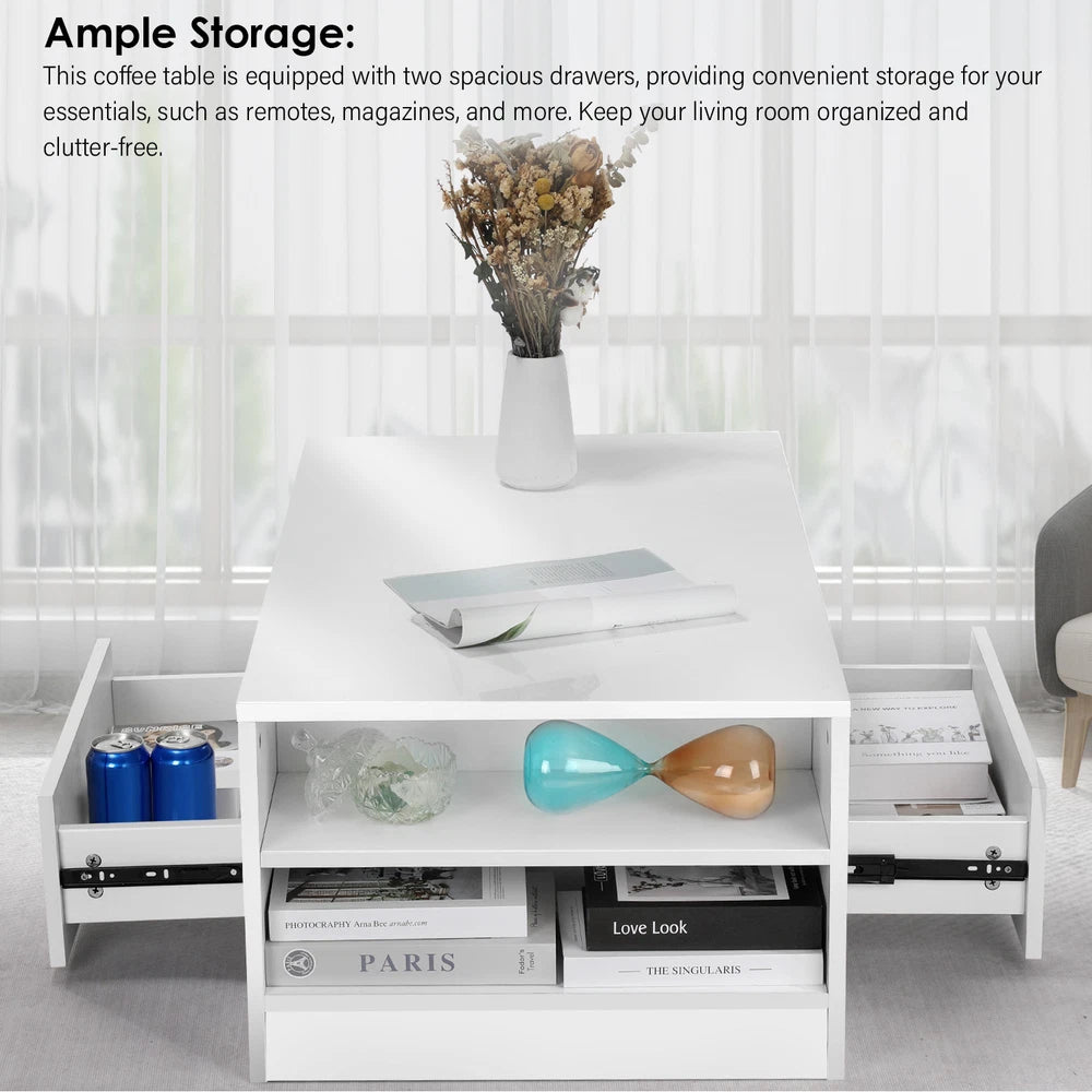 High Gloss LED Coffee Table With Storage Wooden 2 Drawer Living Room Furniture