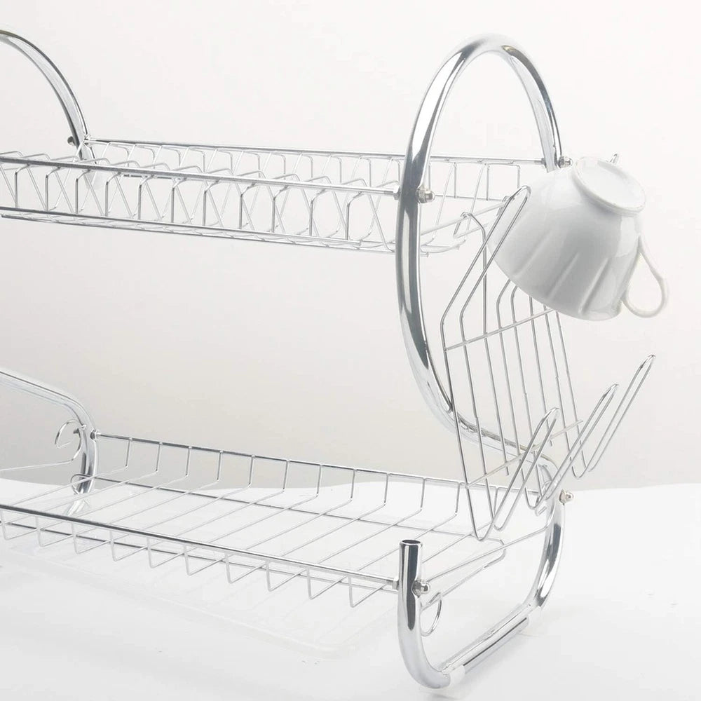 2 Tier Dish Drainer Rack with Drip Tray Plate Rack Kitchen Sink Cutlery Holder