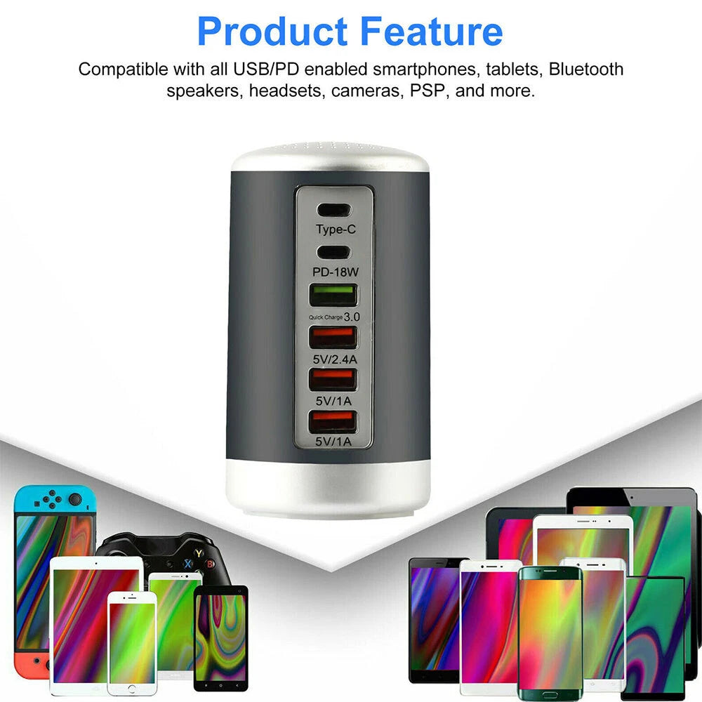 Multi 6 Port USB Charging Station Hub Tower Desktop Cell Phone Charger New Black