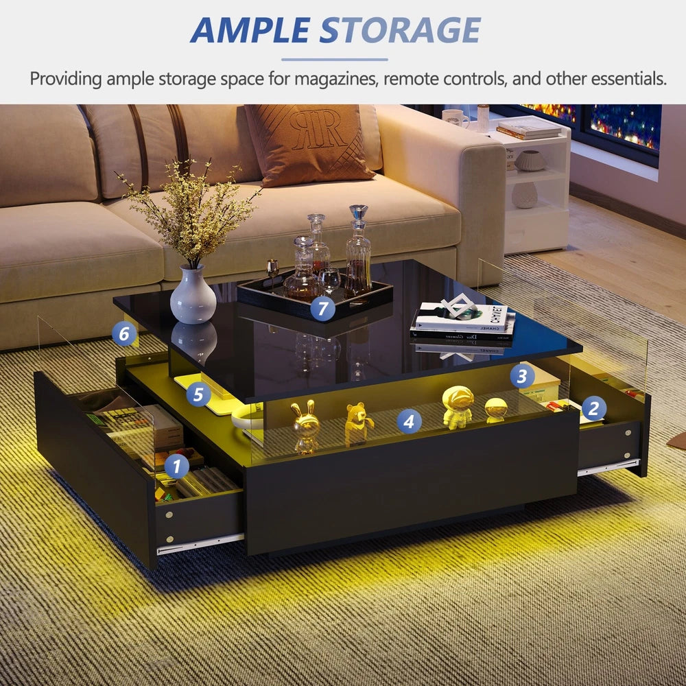 Coffee Table with LED Square High Gloss Black Storage Tea Table for Living Room