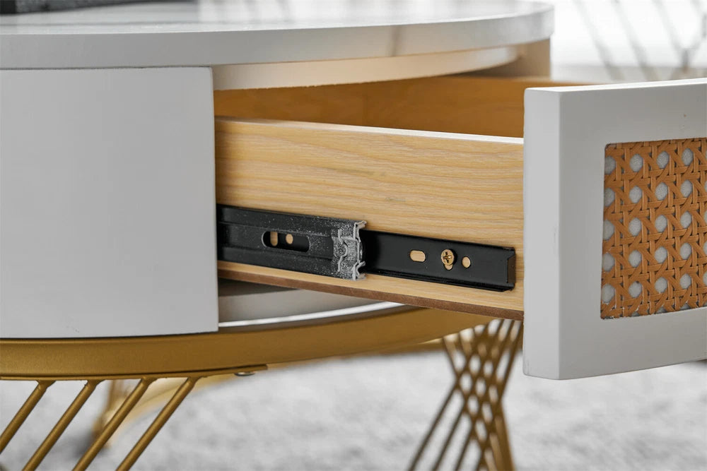 Nesting Coffee Table Set of 2 Living Room Marble Look Side End Table with Drawer