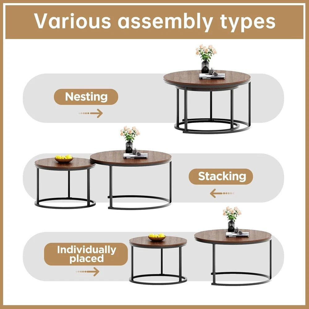 Nesting Coffee Tables Set of 2, Round Stacking Sofa Side Tables for Living Room