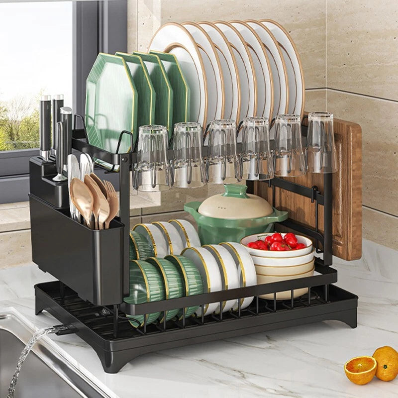 2 TIER KITCHEN SINK DISH DRAINER RACK WITH DRIP TRAY CUTLERY HOLDER PLATE RACK