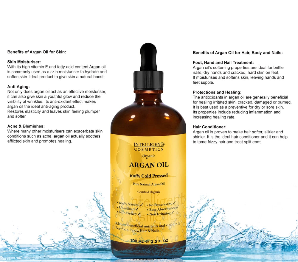 Organic Argan Oil 100% Cold Pressed Pure Virgin Vegan for Hair Beard & Skincare