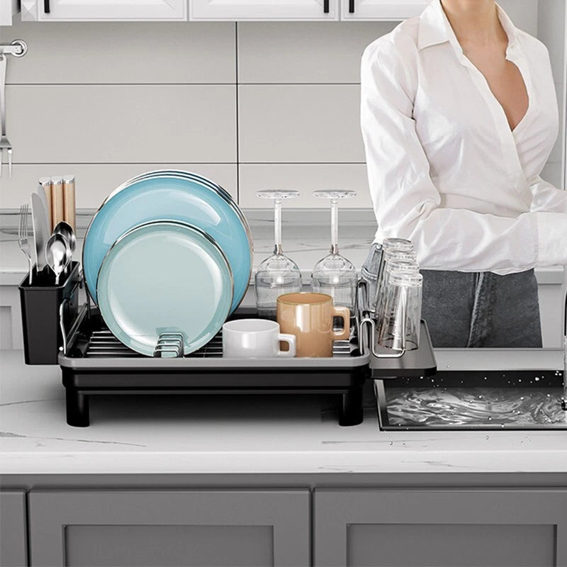 2 TIER KITCHEN SINK DISH DRAINER RACK WITH DRIP TRAY CUTLERY HOLDER PLATE RACK