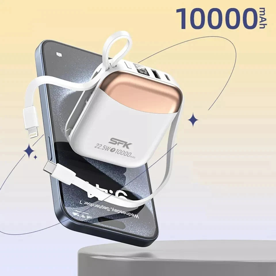 Mini portable Power Bank 10000mAh Charger Built-In USB-C Cable Fast Charge UK