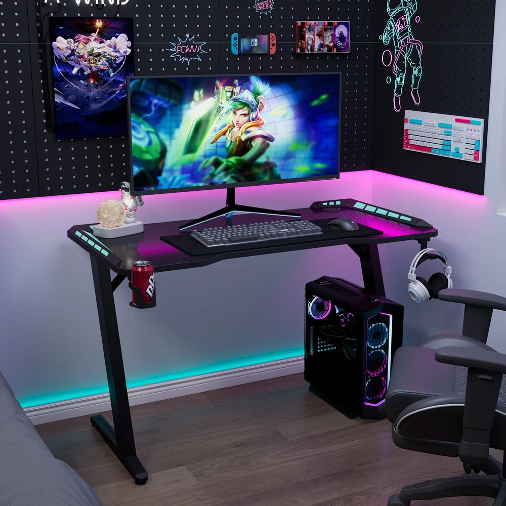 Gaming Desk LED RGB Computer Table Workstation w/ Cup Holder & Headphone Hook