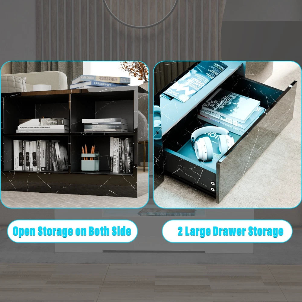 LED Coffee Table Wooden 2 Drawer Storage High Gloss Modern Living Room Furniture