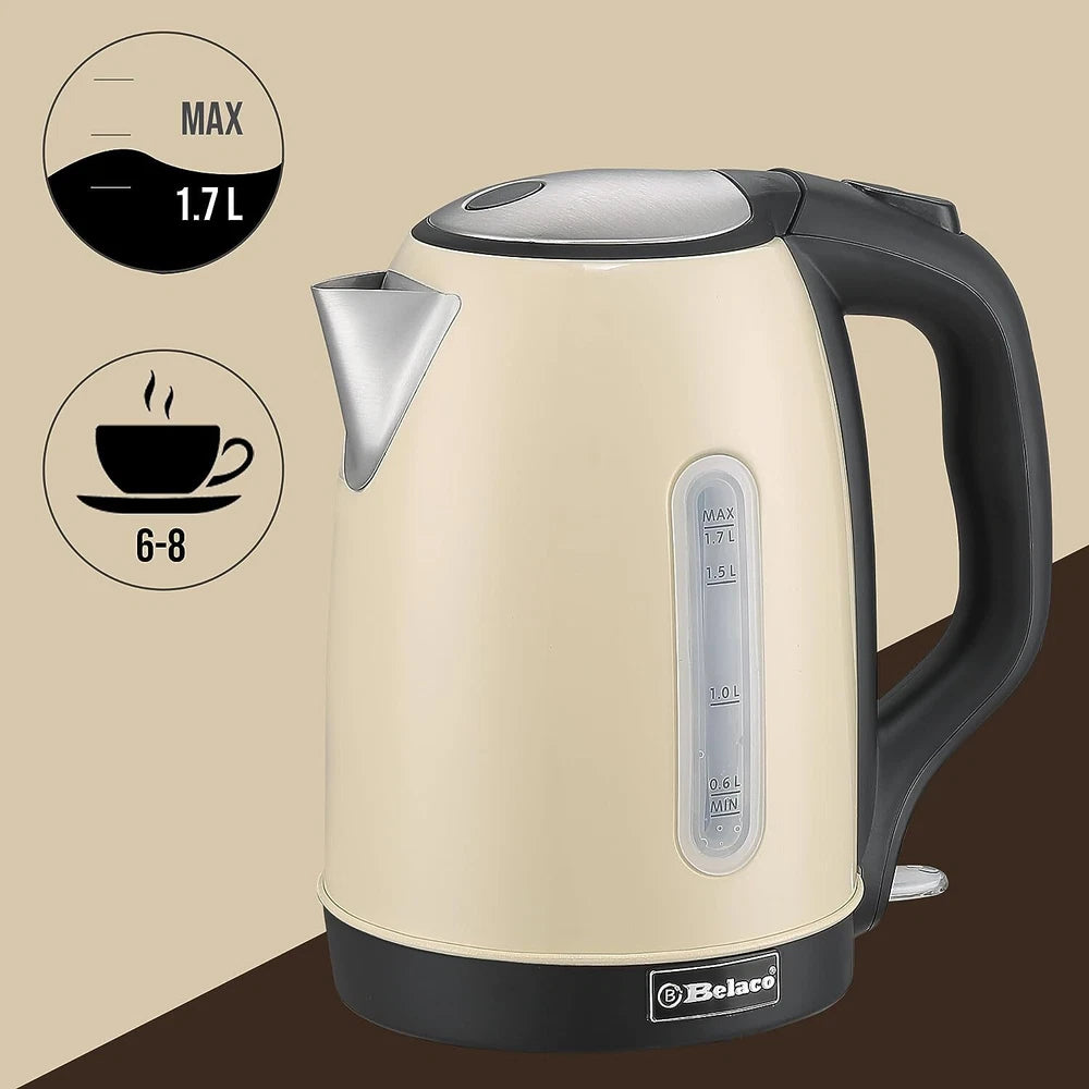 Belaco Electric Kettle Stainless Steel 1.7L,  2200w Fast Boil Cordless 360°